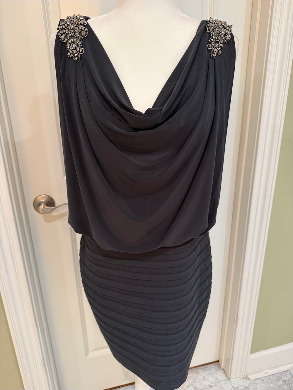 Cache Charcoal Gray Draped Mini Party Dress with Jeweled Shoulders